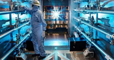The National Ignition Facility in California uses powerful lasers to spark fusion reactions