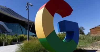 The logo of Google is seen outside Google Bay View facilities in Mountain View, California, US in August 2024