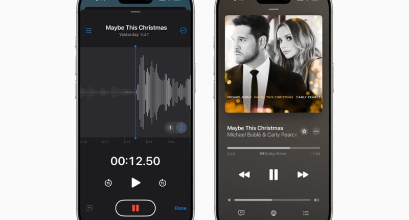 An update to Voice Memos allows users the ability to layer a vocal on top of an existing instrumental recording on iPhone 16 Pro and iPhone 16 Pro Max.